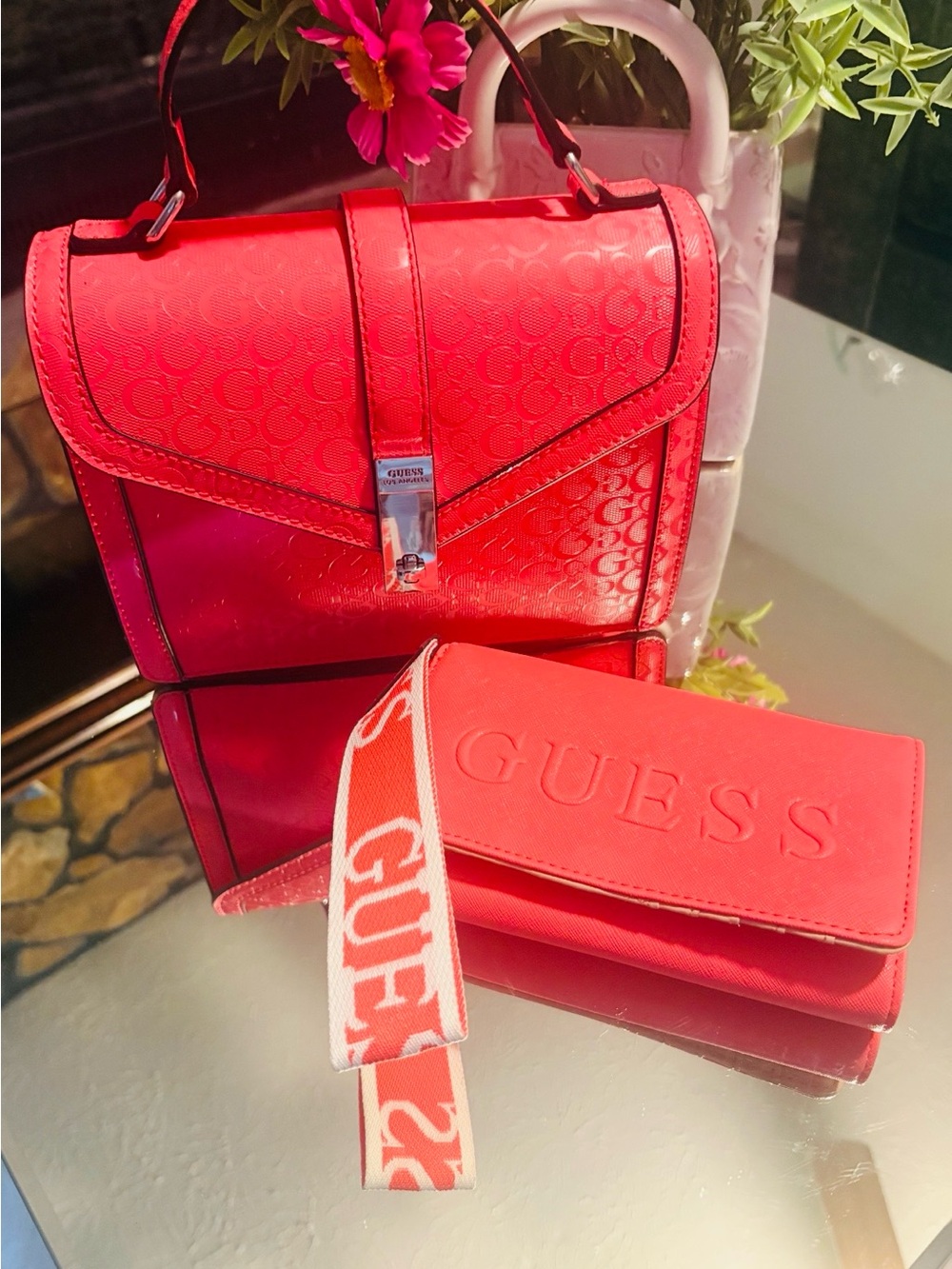 GUESS Bright Red Mini Top-Handle Bag with Matching Wallet